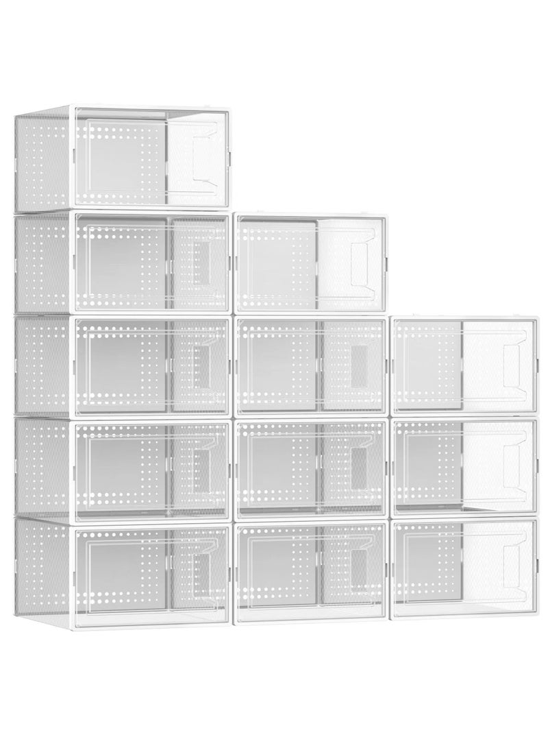 Secret Space 12 Pack Large Shoe Organizer Storage Boxes for Closet, Modular Saving Shoe Boxes Clear Plastic Stackable Sneaker Containers Display Case with Lids, White 