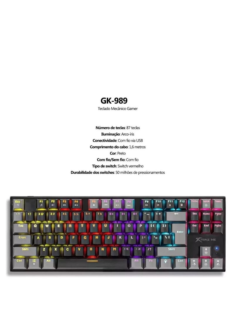 GK-989B لوحة مفاتيح ميكانيكية للألعاب  مقاس TKL - مفاتيح حمراء - إضاءة خلفية Rainbow - سلكية USB - أغطية مفاتيح إنجليزية فقط بحقن مزدوجة | رمادي / أسود