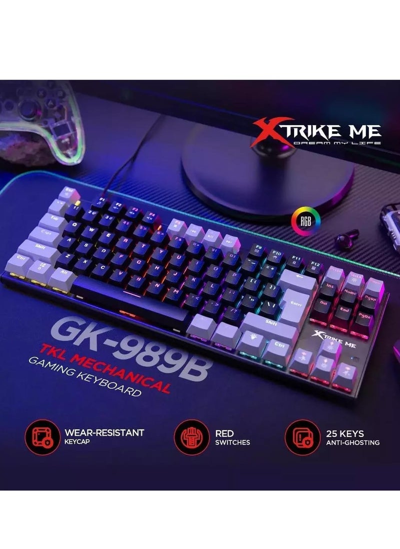 GK-989B لوحة مفاتيح ميكانيكية للألعاب  مقاس TKL - مفاتيح حمراء - إضاءة خلفية Rainbow - سلكية USB - أغطية مفاتيح إنجليزية فقط بحقن مزدوجة | رمادي / أسود