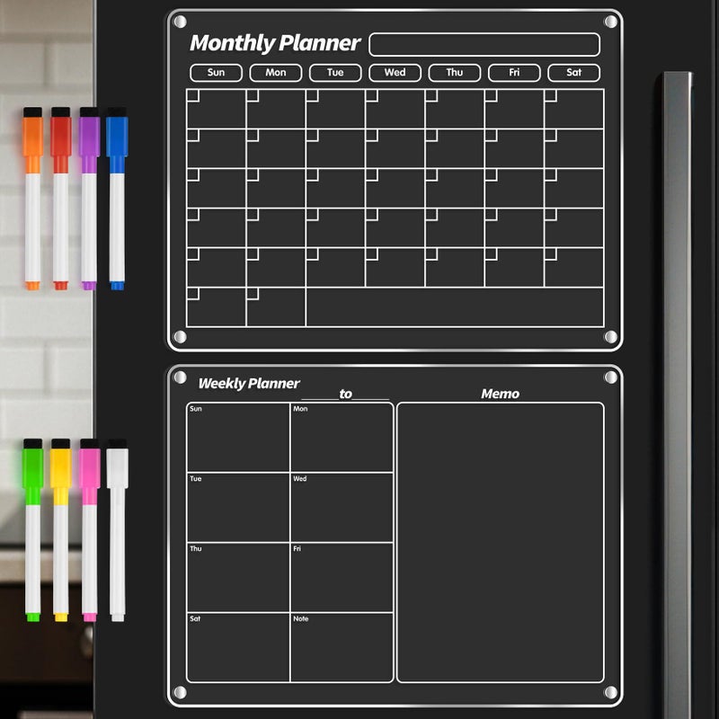 FINDMAG Acrylic Dry Erase Magnetic Calendar for Fridge, Magnetic Calendar for Refrigerator, Clear Monthly and Weekly Meal Planner Fridge Magnets, Chore Chart for Kids with 8 Colors Markers - Image 1