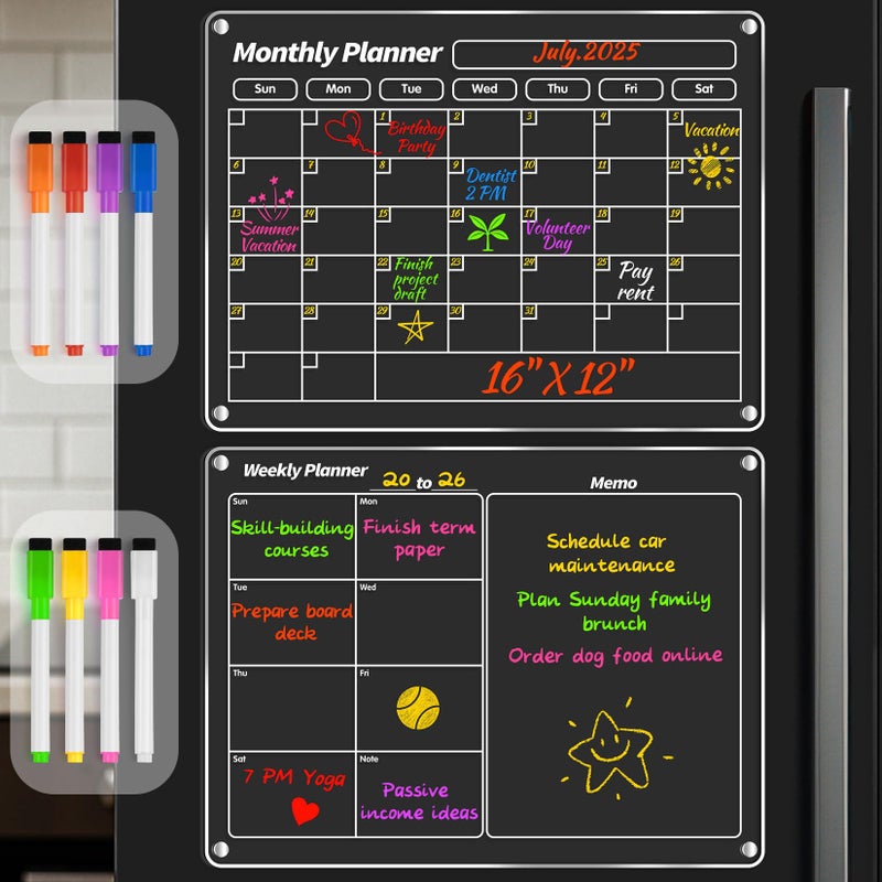 FINDMAG Acrylic Dry Erase Magnetic Calendar for Fridge, Magnetic Calendar for Refrigerator, Clear Monthly and Weekly Meal Planner Fridge Magnets, Chore Chart for Kids with 8 Colors Markers - Image 3