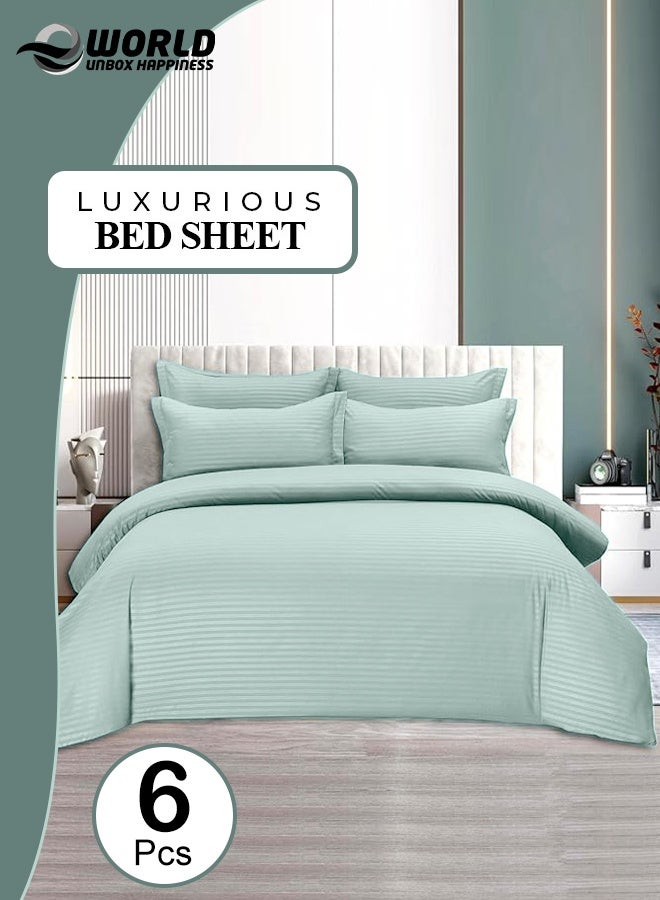 إي وورلد طقم أسرّة فاخر مكون من 6 قطع بحجم كينغ – تصميم مخطط باللون الأخضر الباستيل – يشمل ملاءة فاخرة كاملة/كينغ بنقشة مخططة مع لحاف ناعم و4 أغطية وسائد – مناسب للمنازل والفنادق - Image 1