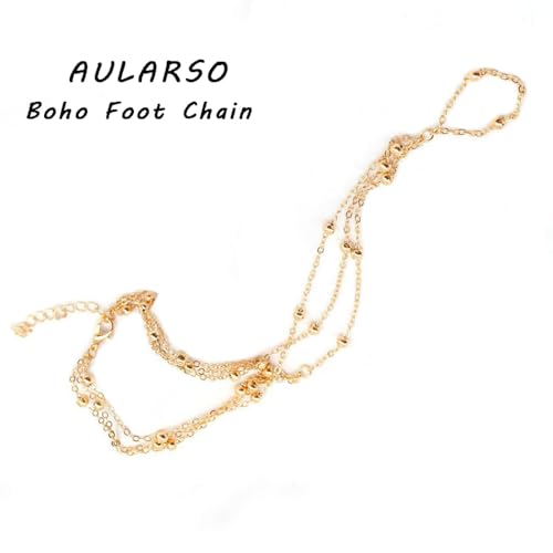 Aularso 2PCS Boho Beaded Foot Chain Layered Barefoot Sandals Summer Beach Ankle Chain for Women(Gold) - Image 3