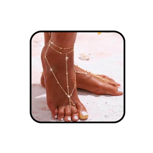 Aularso 2PCS Boho Beaded Foot Chain Layered Barefoot Sandals Summer Beach Ankle Chain for Women(Gold) - Image 1