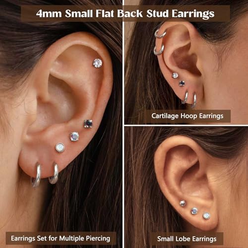 Jstyle Surgical Steel Earrings for Sensitive Ears Hypoallergenic Stainless Steel Stud Hoop Earrings for Women Men Small Ball Opal CZ Flat Back Earring Studs Cartilage Earring Hoop Silver Tone - Image 2