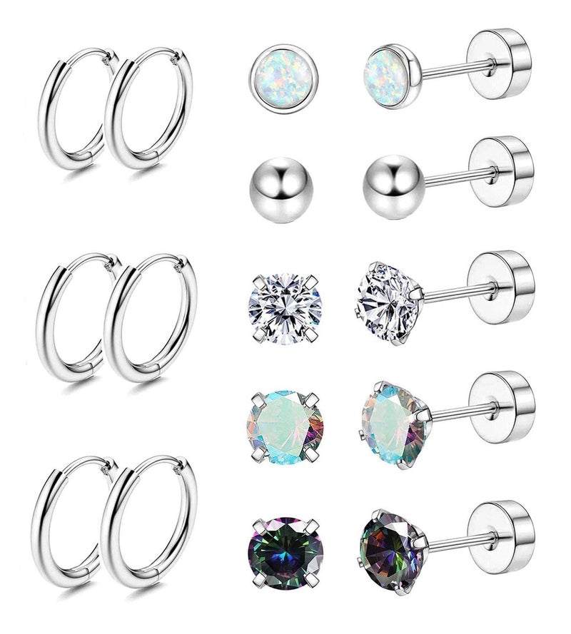 Jstyle Surgical Steel Earrings for Sensitive Ears Hypoallergenic Stainless Steel Stud Hoop Earrings for Women Men Small Ball Opal CZ Flat Back Earring Studs Cartilage Earring Hoop Silver Tone - Image 1