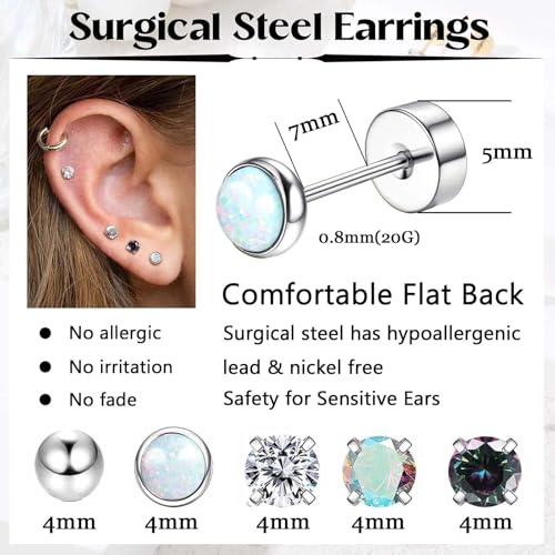 Jstyle Surgical Steel Earrings for Sensitive Ears Hypoallergenic Stainless Steel Stud Hoop Earrings for Women Men Small Ball Opal CZ Flat Back Earring Studs Cartilage Earring Hoop Silver Tone - Image 5
