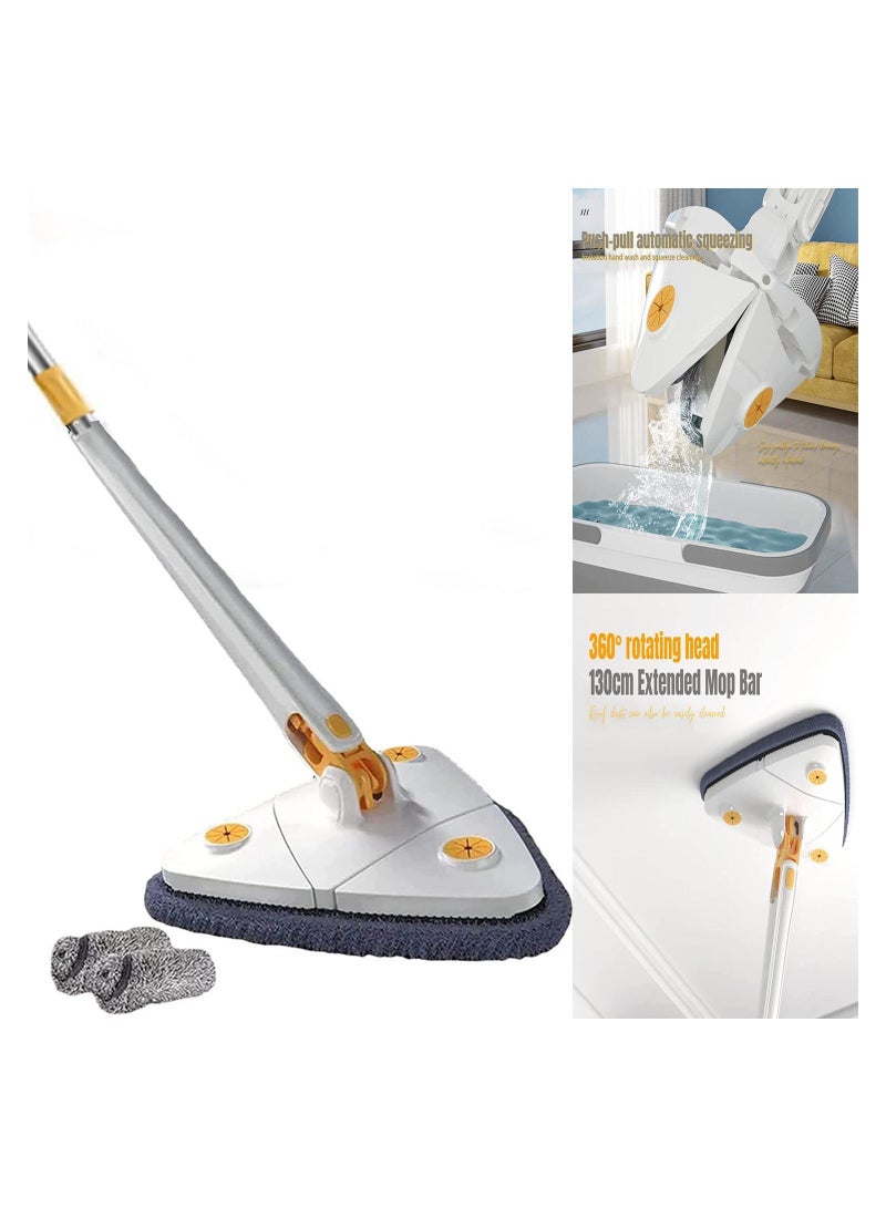 Adjustable Triangle Cleaning Mop with Automatic Water Squeezing Function, 360 Degree Rotatable Long Handle for Wall Ceiling Window, 2 Reusable Heads (White) - Image 1