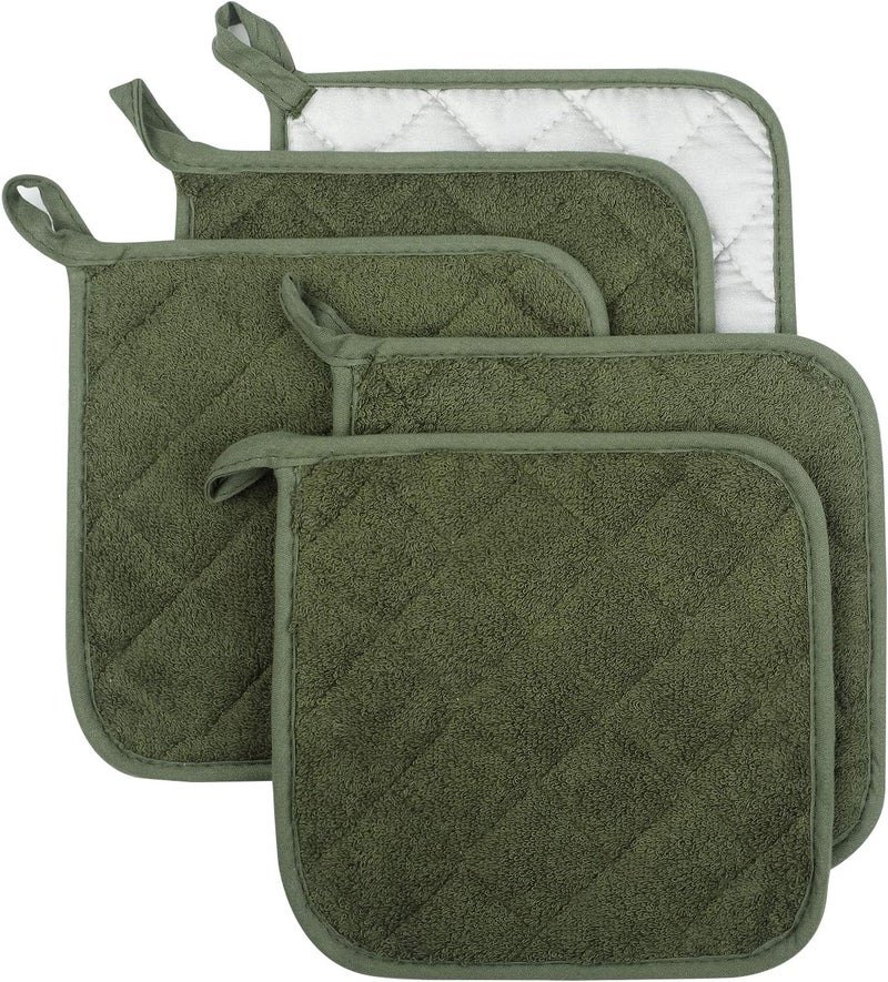 lifaith 100% Cotton Kitchen Everyday Basic Terry Pot Holder Heat Resistant Coaster Potholder for Cooking and Baking Set of 5 Olive Green - Image 1