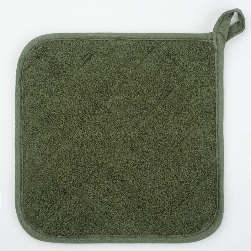 lifaith 100% Cotton Kitchen Everyday Basic Terry Pot Holder Heat Resistant Coaster Potholder for Cooking and Baking Set of 5 Olive Green - Image 3