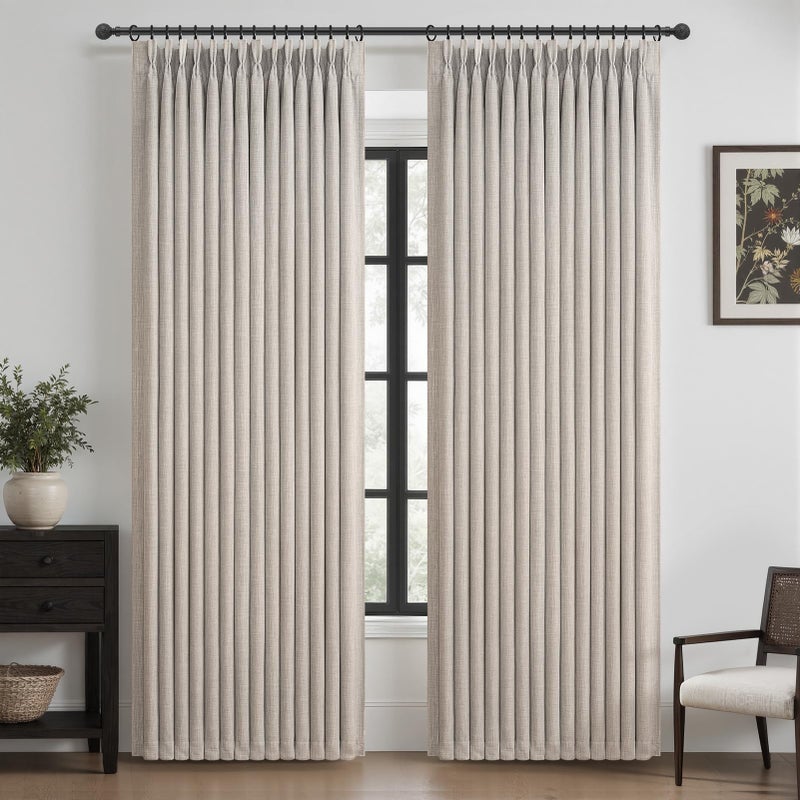 PleatedDrapes Double Layer Thick Linen Greyish Beige 96 Inch Curtains 2 Panels Set for Dining Room, Boho Memory Trained Pinch Pleated Blackout Thermal Office Windows Curtain & Drapes 8 FT Length Decor - Image 1