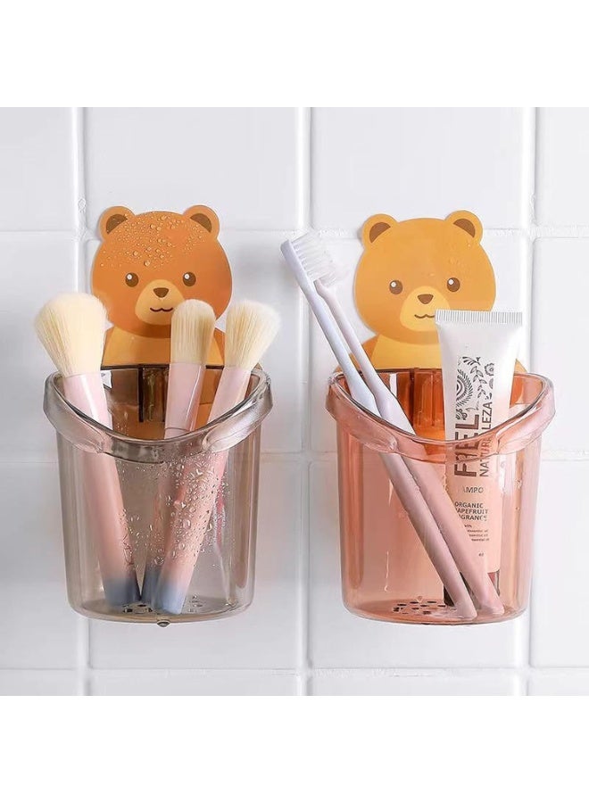 حامل فرش ومعجون وحامل فرش مكياج جداري – تصميم دب لطيف – منظم حمام مع كوب تصريف – تثبيت بلا مسامير أو حفر – متعدد الألوان - قطعتين - Image 1