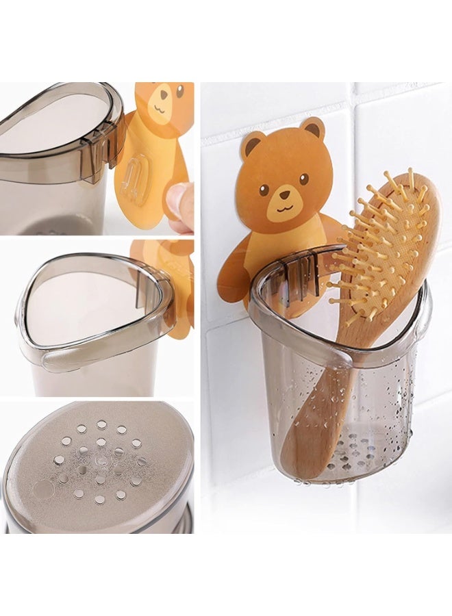 حامل فرش ومعجون وحامل فرش مكياج جداري – تصميم دب لطيف – منظم حمام مع كوب تصريف – تثبيت بلا مسامير أو حفر – متعدد الألوان - قطعتين - Image 3