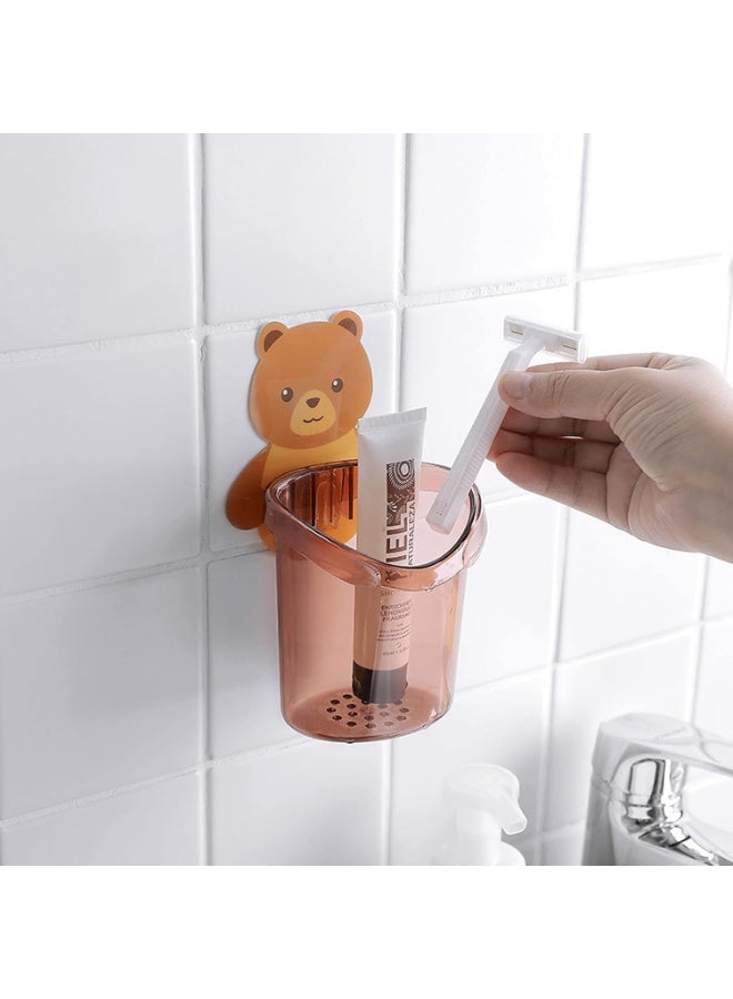 حامل فرش ومعجون وحامل فرش مكياج جداري – تصميم دب لطيف – منظم حمام مع كوب تصريف – تثبيت بلا مسامير أو حفر – متعدد الألوان - قطعتين - Image 4