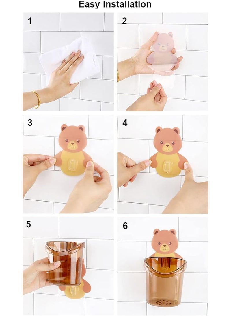 حامل فرش ومعجون وحامل فرش مكياج جداري – تصميم دب لطيف – منظم حمام مع كوب تصريف – تثبيت بلا مسامير أو حفر – متعدد الألوان - قطعتين - Image 5