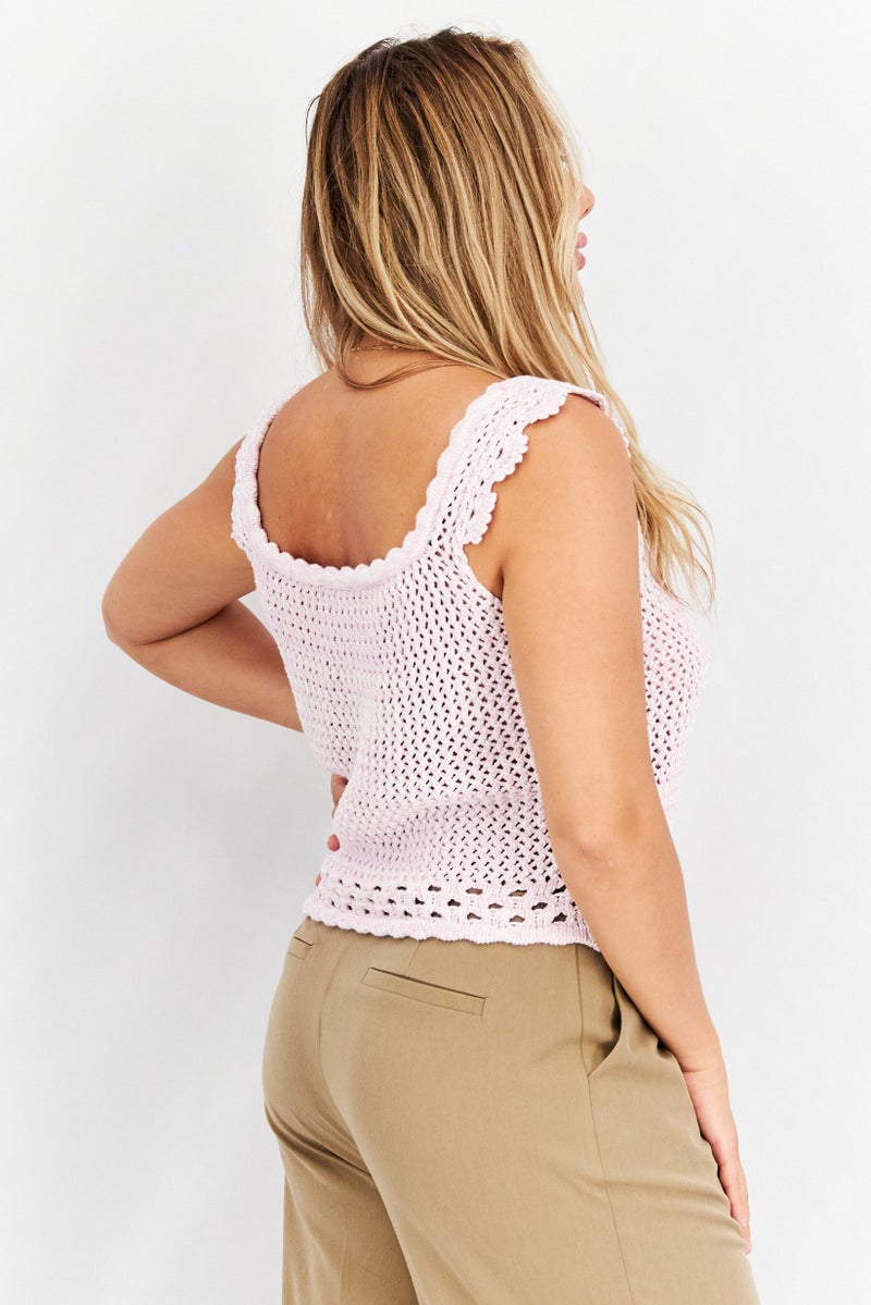 Aqua Women U-Neck Sleeveless Crochet Top, Lavender - Image 3