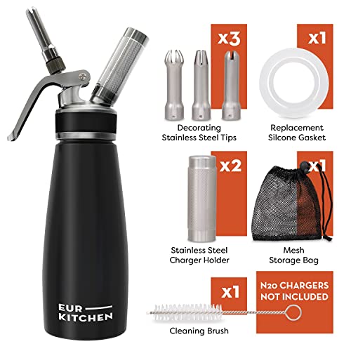 EurKitchen Stainless Steel Professional Whipped Cream Dispenser - Leak-Free Whip Cream Maker Canister - 3 Decorating Nozzles & Cleaning Brush - 1Pint /500 ML Cream Whipper - N2O Charger (Not Included) - Image 3