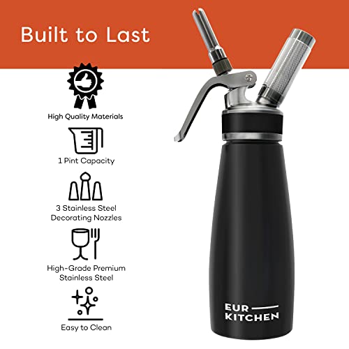EurKitchen Stainless Steel Professional Whipped Cream Dispenser - Leak-Free Whip Cream Maker Canister - 3 Decorating Nozzles & Cleaning Brush - 1Pint /500 ML Cream Whipper - N2O Charger (Not Included) - Image 5