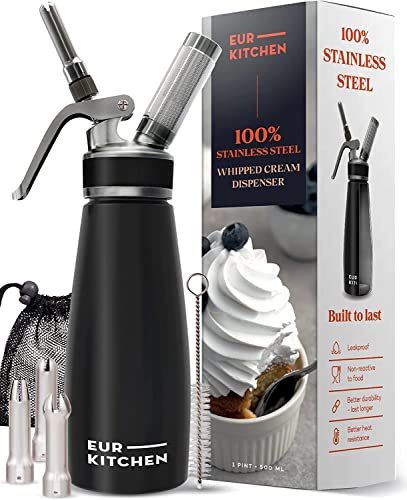 EurKitchen Stainless Steel Professional Whipped Cream Dispenser - Leak-Free Whip Cream Maker Canister - 3 Decorating Nozzles & Cleaning Brush - 1Pint /500 ML Cream Whipper - N2O Charger (Not Included) - Image 1