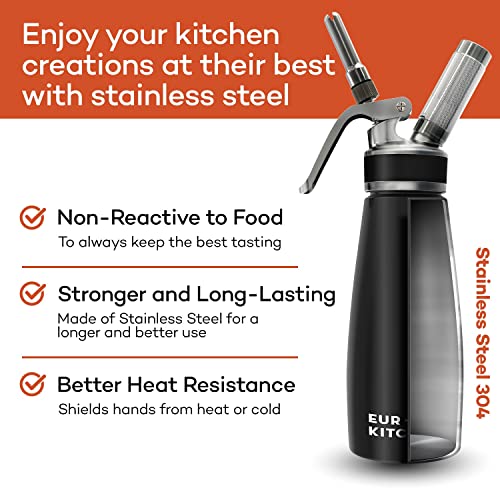 EurKitchen Stainless Steel Professional Whipped Cream Dispenser - Leak-Free Whip Cream Maker Canister - 3 Decorating Nozzles & Cleaning Brush - 1Pint /500 ML Cream Whipper - N2O Charger (Not Included) - Image 2