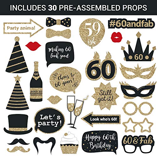 Perfect Occasion Fully Assembled 60th Birthday Photo Booth Props - Set of 30 - Black & Gold Selfie Signs - 60th Party Supplies & Decorations - Cute Bday Designs with Real Glitter - Did We Mention No DIY - Image 4