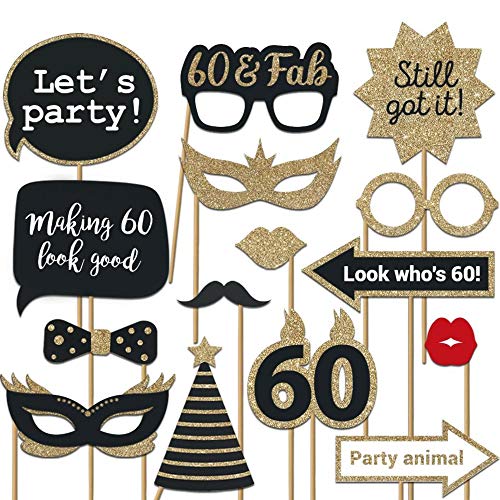 Perfect Occasion Fully Assembled 60th Birthday Photo Booth Props - Set of 30 - Black & Gold Selfie Signs - 60th Party Supplies & Decorations - Cute Bday Designs with Real Glitter - Did We Mention No DIY - Image 1