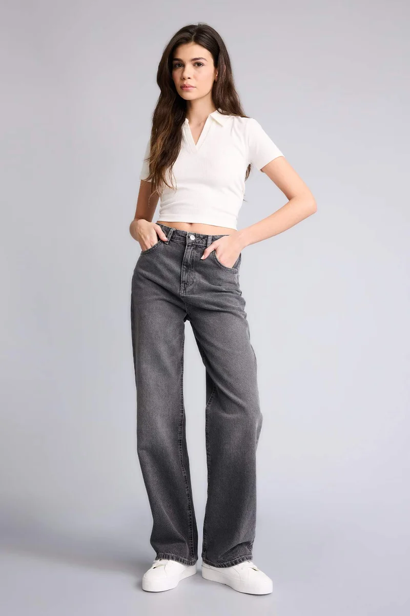 ديفاكتو 100% Cotton 90's Wide Leg High Waist Long Jeans
