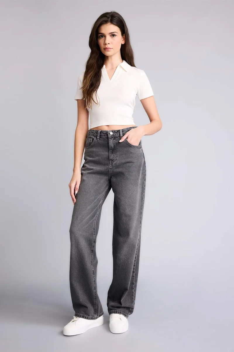 ديفاكتو 100% Cotton 90's Wide Leg High Waist Long Jeans