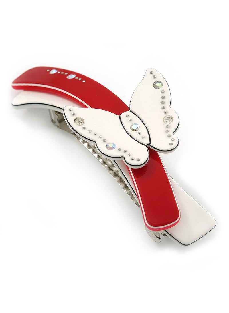 Avalaya WhiteRed Acrylic Crystal Butterfly Barrette Hair Clip Grip  95mm Across 