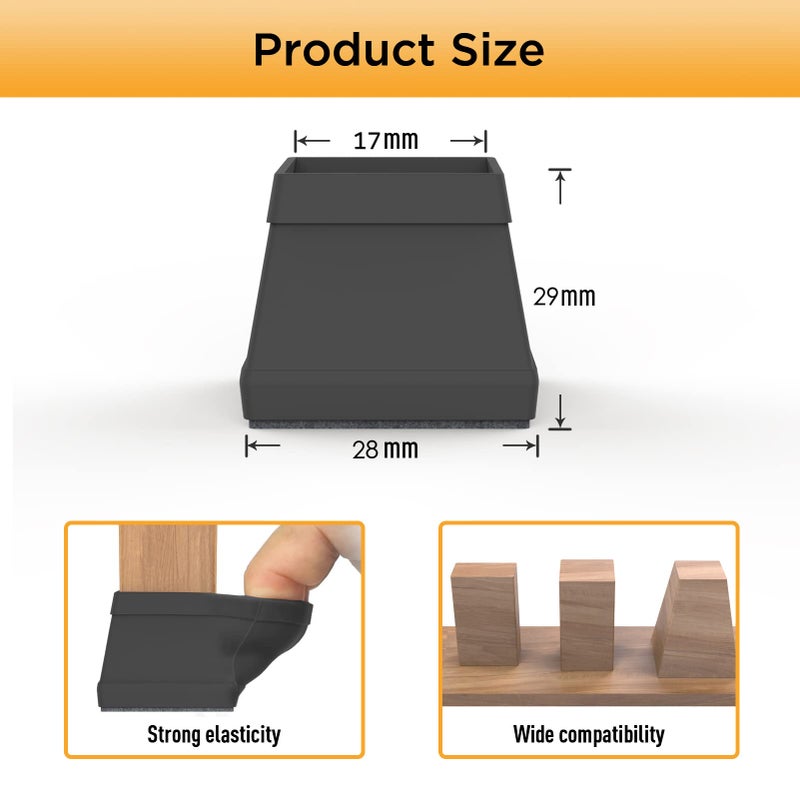 CHWM 16 PCS Square Chair Leg Floor Protector, Silicone Chair Leg Cover, Furniture Leg Protectors with Felt, Mobile Table Leg pad, Protect The Floor from Scratches.1 in Black. - Image 2
