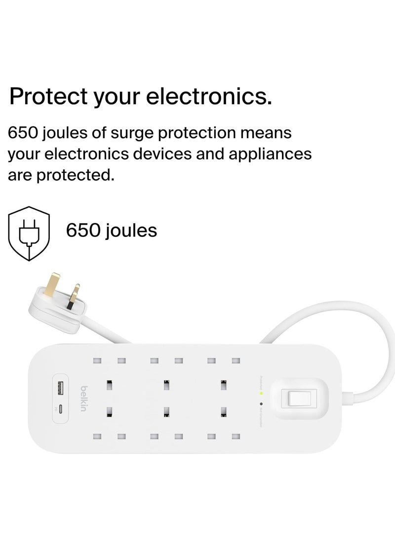 belkin - Belkin 6-Outlet Surge Protector Power Strip, Wall-Mountable with 6 AC Outlets, 2M Power Cord, & Green Indicator Light - USB-C Port & USB-A Port w/USB-C PD Fast Charging - 650 Joules of Protection - Image 1