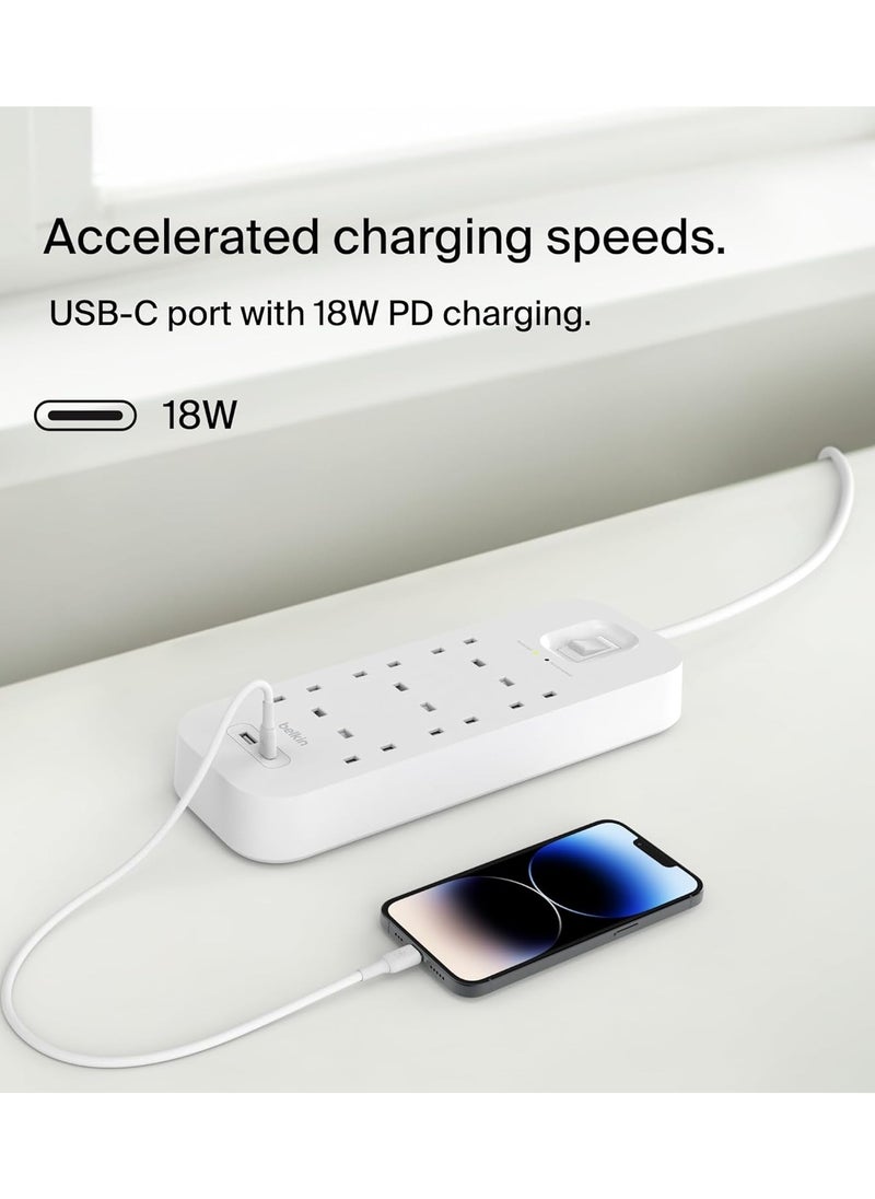 belkin - Belkin 6-Outlet Surge Protector Power Strip, Wall-Mountable with 6 AC Outlets, 2M Power Cord, & Green Indicator Light - USB-C Port & USB-A Port w/USB-C PD Fast Charging - 650 Joules of Protection - Image 1