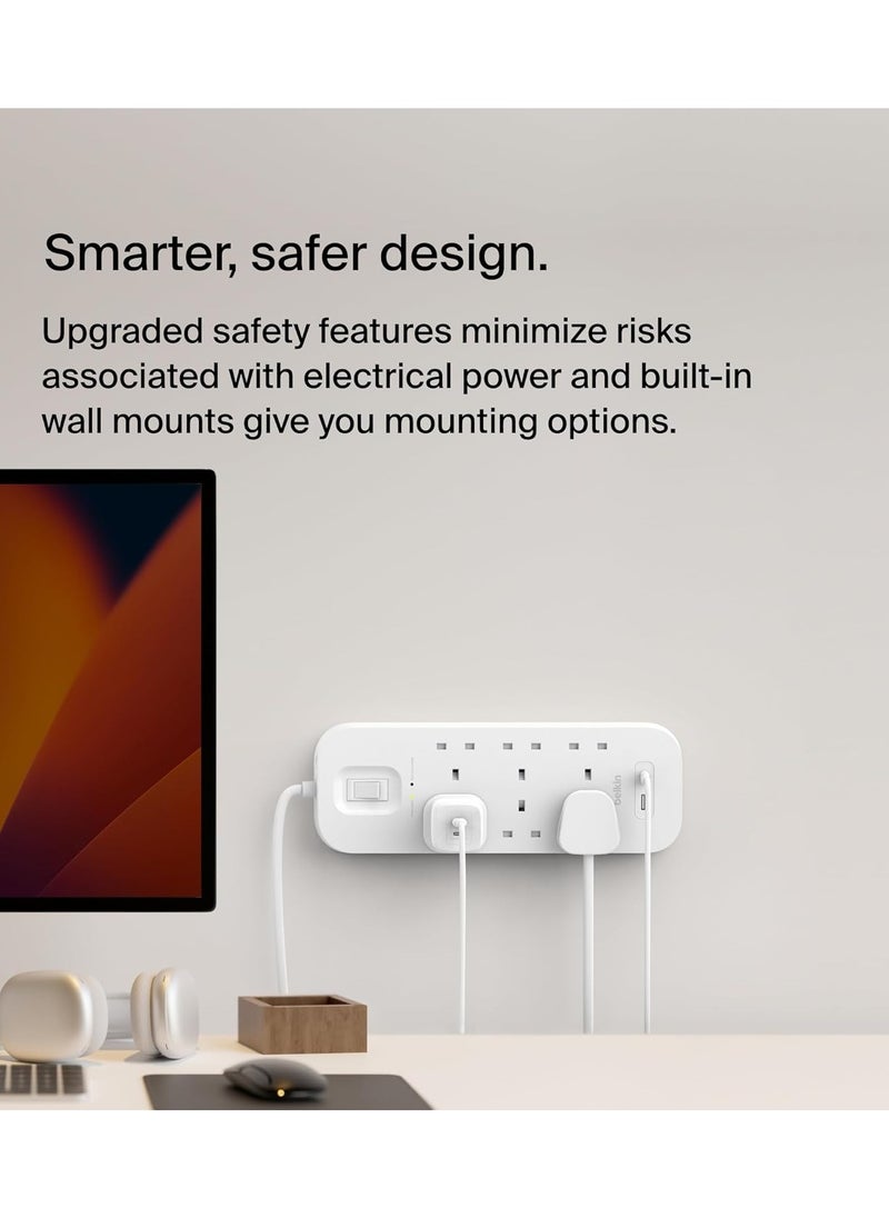 belkin - Belkin 6-Outlet Surge Protector Power Strip, Wall-Mountable with 6 AC Outlets, 2M Power Cord, & Green Indicator Light - USB-C Port & USB-A Port w/USB-C PD Fast Charging - 650 Joules of Protection - Image 1