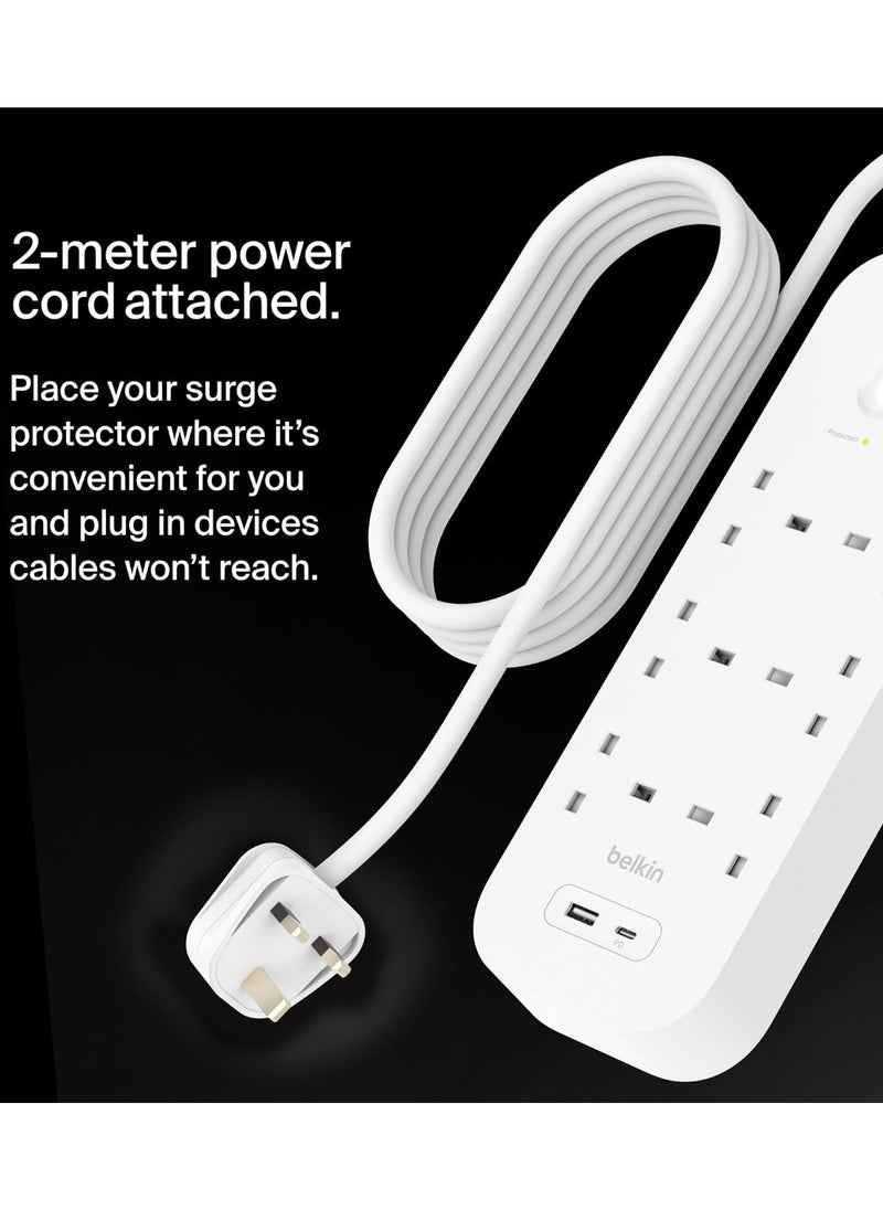 belkin - Belkin 6-Outlet Surge Protector Power Strip, Wall-Mountable with 6 AC Outlets, 2M Power Cord, & Green Indicator Light - USB-C Port & USB-A Port w/USB-C PD Fast Charging - 650 Joules of Protection - Image 1