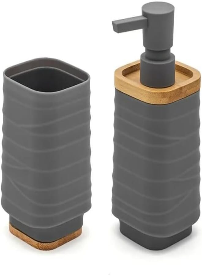 Happy Home Woven Round Soap Dispenser with Bamboo Touch, 280ml/9oz, Perfect for Kitchen and Bathroom, Countertop Soap Dispenser 16cm (Grey)