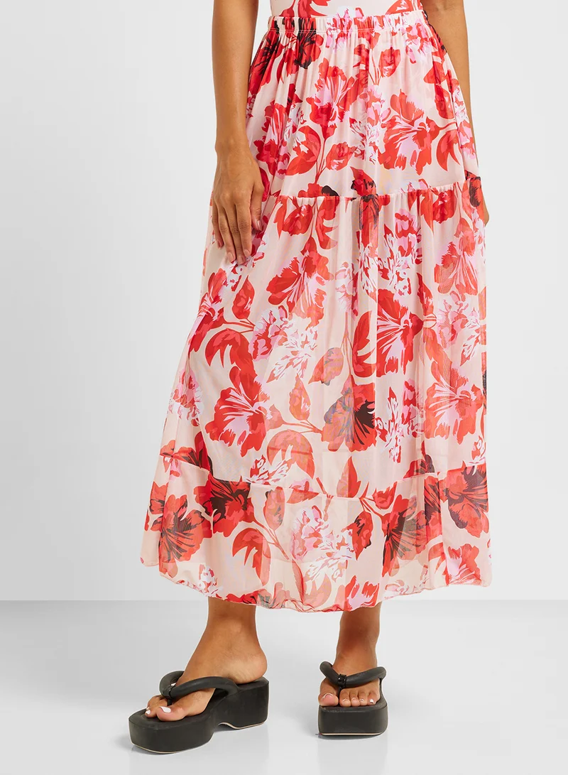 ELLA Floral Print One Shoulder Ruffled Swimsuit & Beach Skirt