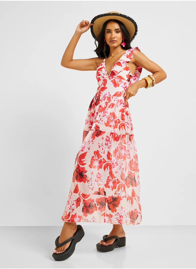 ELLA Floral Print One Shoulder Ruffled Swimsuit & Beach Skirt