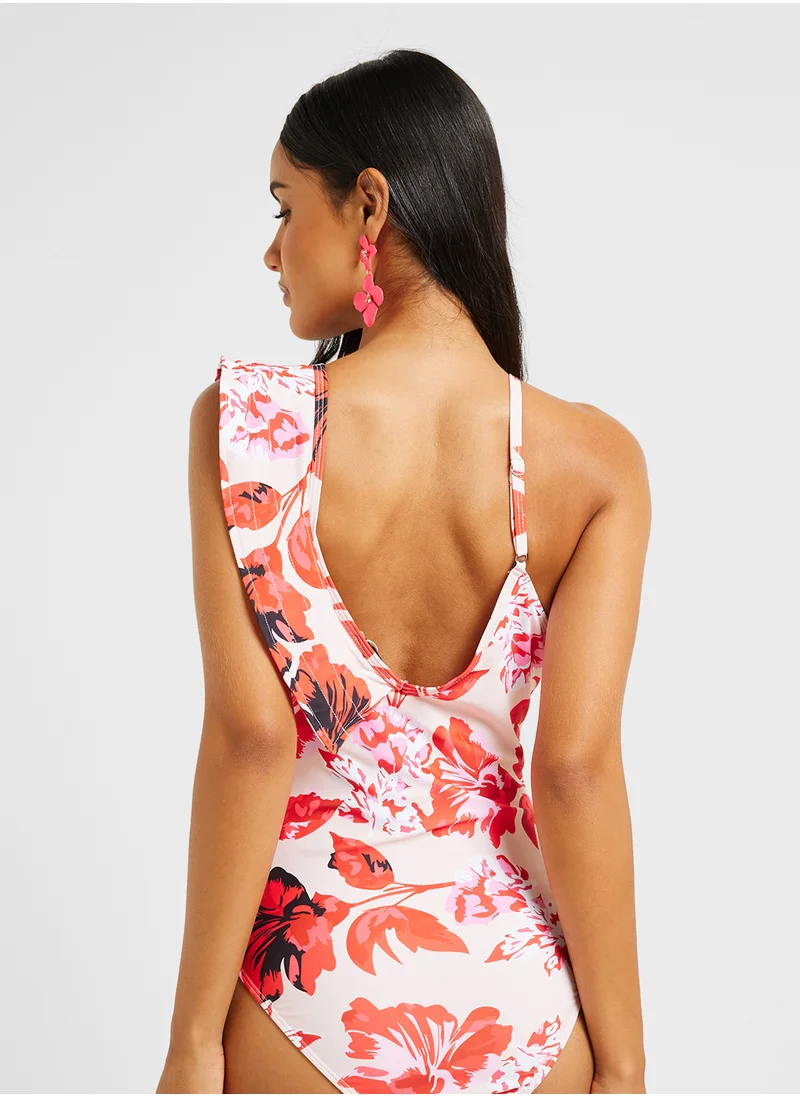 ELLA Floral Print One Shoulder Ruffled Swimsuit & Beach Skirt