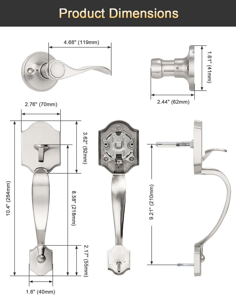 Tinewa Single Cylinder Exterior Handleset, Keyless Front Door Handle With Lever Inside, Satin Nickel Finish - Image 4