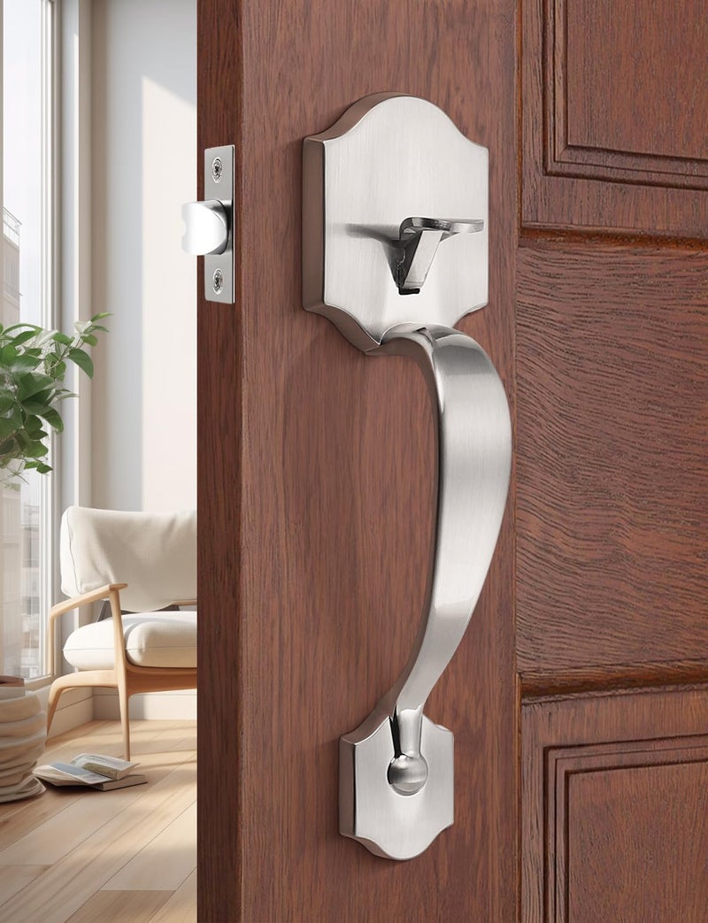 Tinewa Single Cylinder Exterior Handleset, Keyless Front Door Handle With Lever Inside, Satin Nickel Finish - Image 2