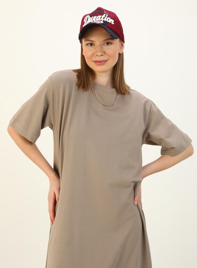 Benin by modanisa Brown Solid T-Shirt Maxi Dress - Image 3