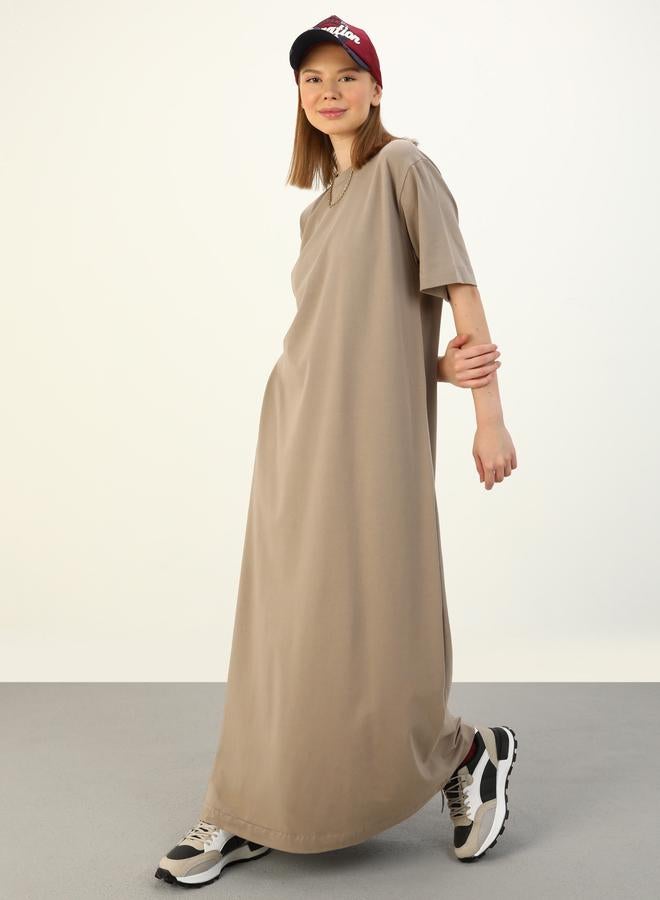 Benin by modanisa Brown Solid T-Shirt Maxi Dress - Image 2