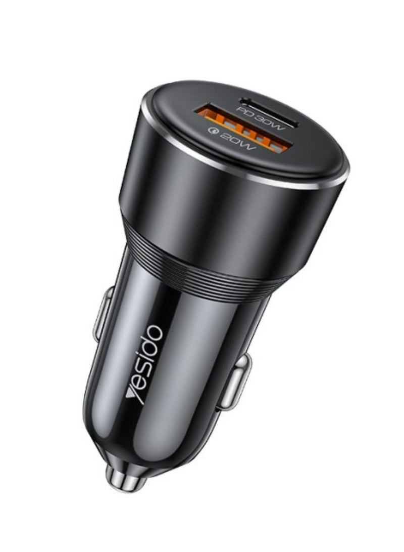 Yesido Y64 Aluminum Alloy USB + TC PD30W + USB20W Multi Protection 50w Fast Charging Car Charger - Black - Image 1