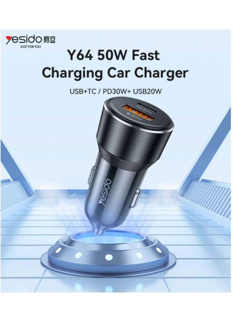 Yesido Y64 Aluminum Alloy USB + TC PD30W + USB20W Multi Protection 50w Fast Charging Car Charger - Black - Image 2