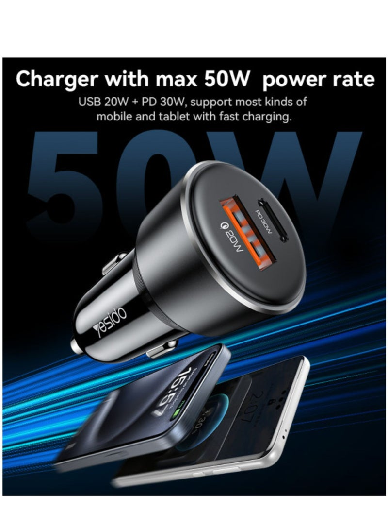 Yesido Y64 Aluminum Alloy USB + TC PD30W + USB20W Multi Protection 50w Fast Charging Car Charger - Black - Image 4
