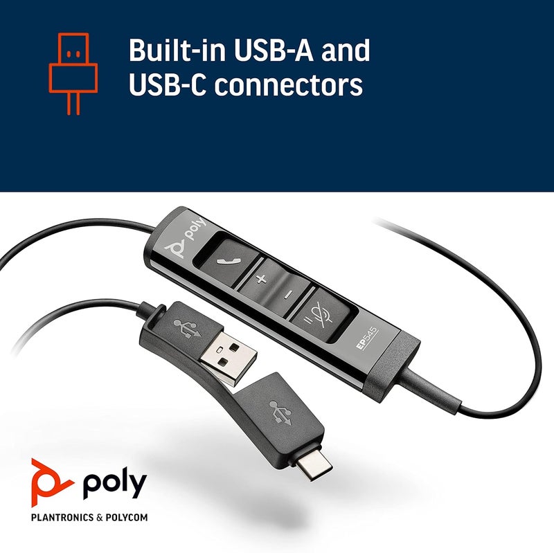 Poly سماعة رأس USB من بولي بلانترونيكس بوليكوم إنكور برو 545 USBA و USBC مع حماية سمعية من بلانترونيكس وأزرار الرد على المكالمات وتصميم قابل للتحويل باللون الأسود النسخة القياسية - Image 3