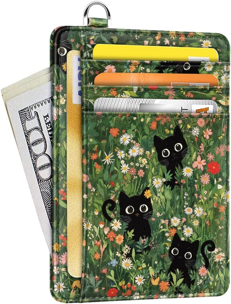 Coco Rossi Slim Credit Card Holder Wallet Women Thin Minimalist Card Organizer Case Cute Small ID Window Girl Ladies Womens Wallets, Garden Cats - Image 1