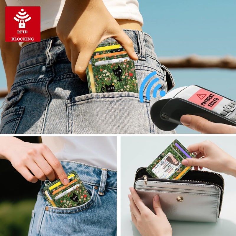 Coco Rossi Slim Credit Card Holder Wallet Women Thin Minimalist Card Organizer Case Cute Small ID Window Girl Ladies Womens Wallets, Garden Cats - Image 5