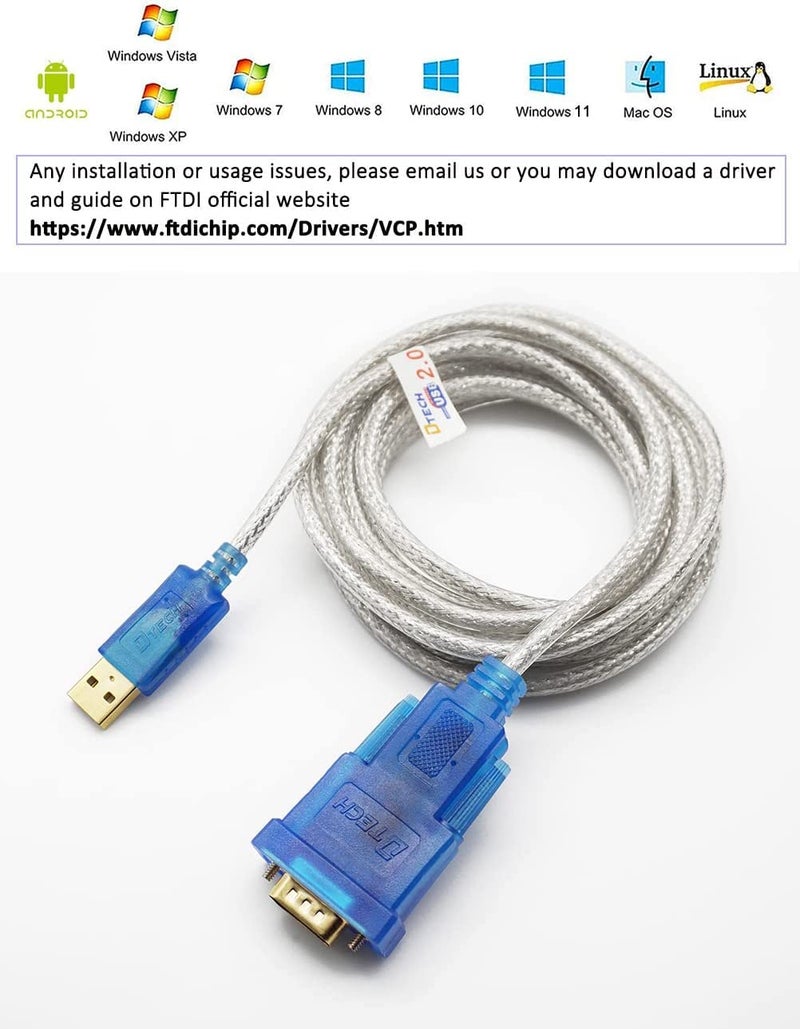 DTech USB to Serial Adapter Cable 16 ft DB9 Male RS232 to USB Cord with FTDI Chip Supports Windows 11 10 8 7 Mac Linux (5m) - Image 4