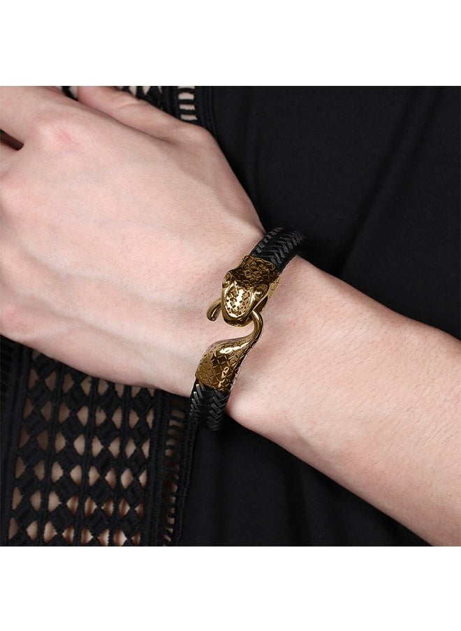 Beyond Snake clasp Leather Bracelet, Genuine Mens Stainless Steels Bracelet (Black+Gold)  - Image 4